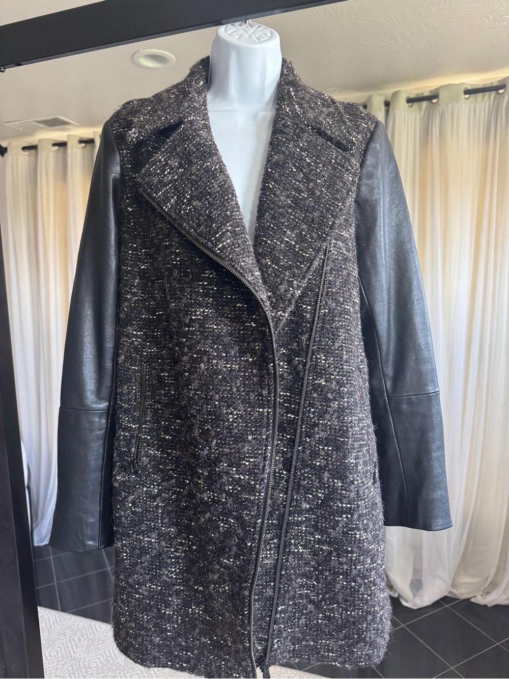 Club Monaco Black Tweed Coat with Leather Sleeves